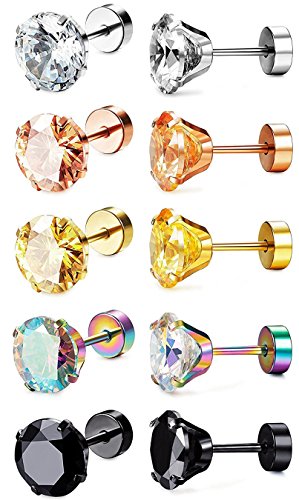 Sailimue 5 Pairs Acier Inoxydable Boucle du0092oreille Homme Femme avec Zircon Clous du0092oreille Unisexe 4MM 6MM 8MM