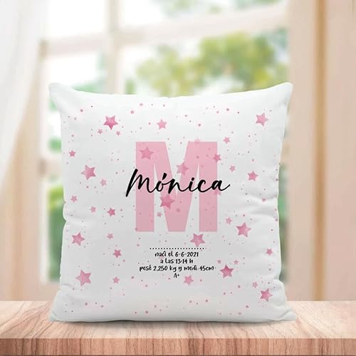 PRONENS.- Funda o cojín Personalizado para bebé con Datos de Nacimiento – desenfundable sin Cremallera, Lavable - Regalo recién Nacido, Baby Shower – Cojín con Nombre bebé Decorativo. 40x40 (Rosa)