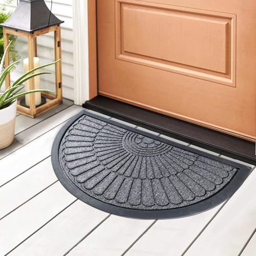 Image of Half Round Door Mat - Heavy Duty Welcome Mat for Front Door, Non-Slip Rubber Backing, Low Profile Indoor Outdoor Doormat, Semi-Circle Entry Rug for Porch, Garage, Patio, 45x75 cm