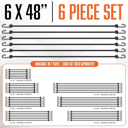 Image of Bungee Cords with Hooks 48 Inch - 6Pcs Heavy Duty Outdoor 4ft Bungees | UV & Weather Resistant Strong Bungie Chords - Black Bunjee Straps 4 foot - Long Bungy Cord Set 200lb Strength