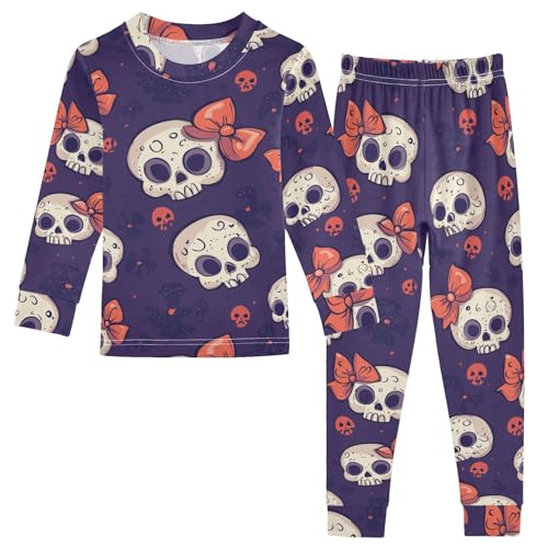 Fustylead Cute Hand Draw Human Skulls with Bow Tie Cotton Pajamas Set 2 Piece Long Sleeve Pjs Sleepwear