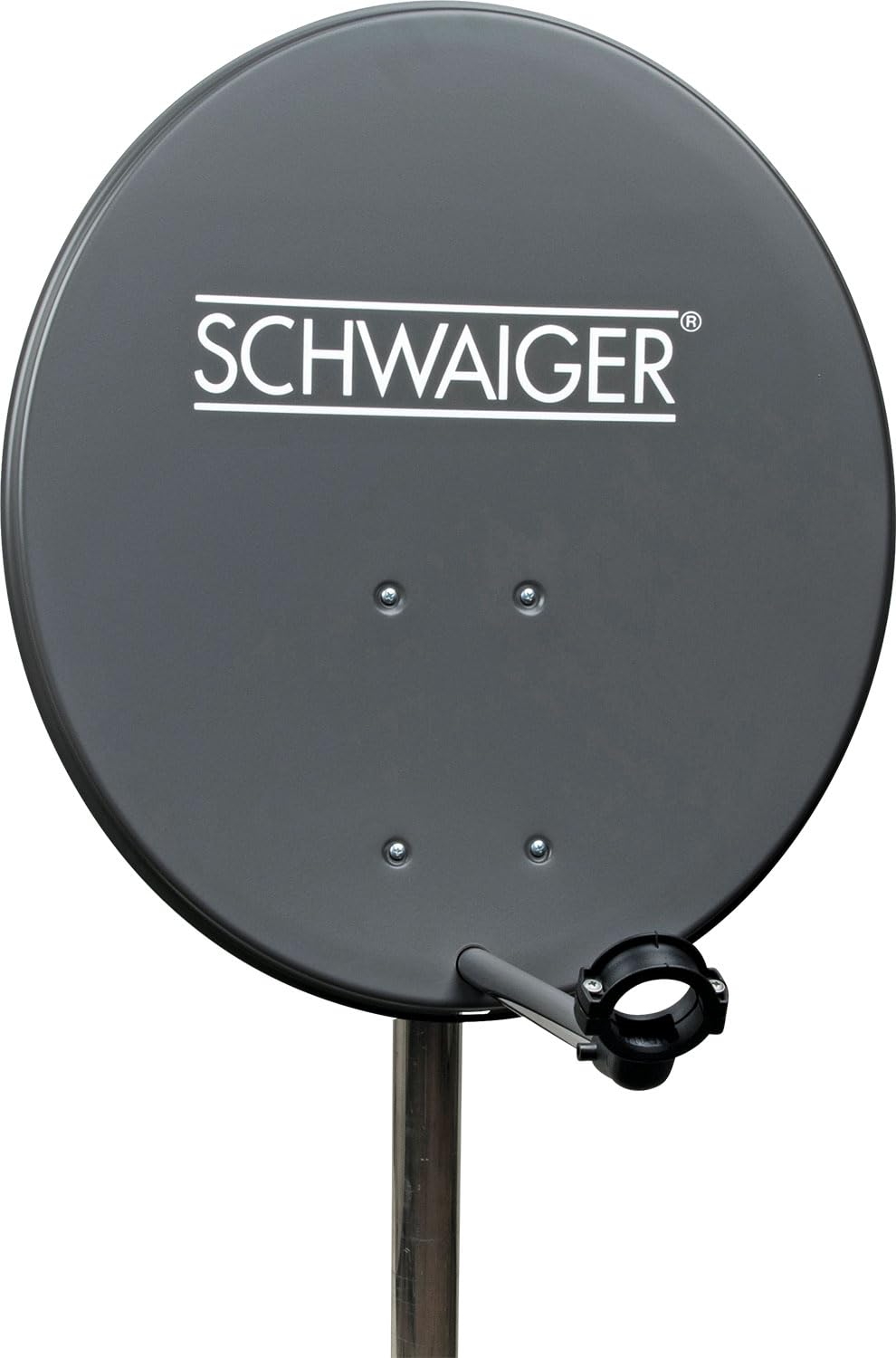 Antena para televisión digital vía satélite Schwaiger 714166 (75 x 85 cm) con brazo de carga LNB y mástil, antracita, espejo de acero – para recepción de DVB-S/S2 en Full HD, 3D y 4K (Ultra HD)