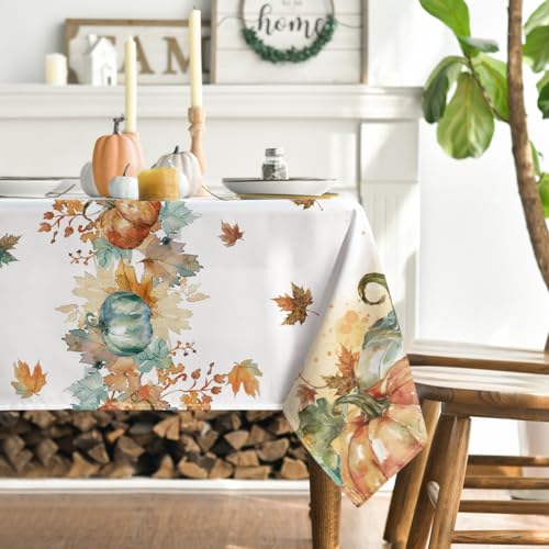 Horaldaily FALL-TABLECLOTH Tablecloth 60×84 Inch Rectangular, Thanksgiving Autumn Harvest Orange Pumpkin Leaves Washable Table Cover thumb #2