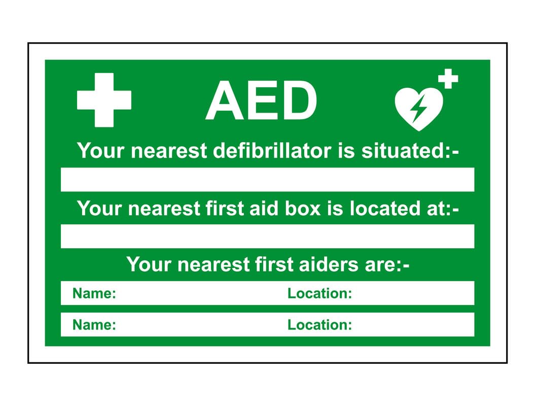 AED Safety sign - Your nearest defibrillator is situated box - emergency sign - 1.2mm Rigid plastic for indoor/outdoor usage (400mm x 300mm) Viewing Distance within 14m.