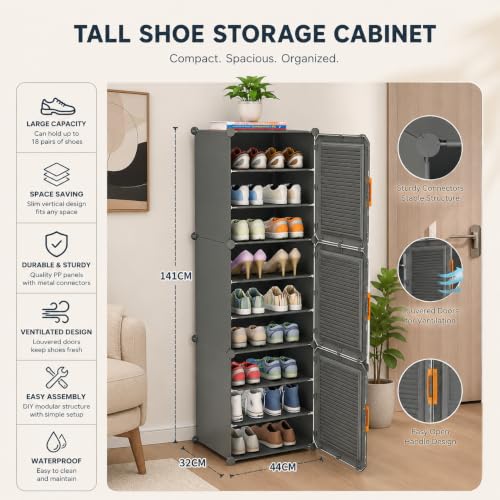 Image of Mevigo 9-Tier Shoe Rack with 3-Doors| Holds 18-Pairs |Waterproof & Dustproof Modular Plastic Shoe Cabinet| Foldable Stackable Shoe Organizer with Metal Frame |Space Saving Storage for Home,Entry Way