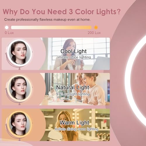 Image of DEIOVWXS Makeup Mirror, Rechargeable Vanity Mirror with 3 Lights, 1X /10X