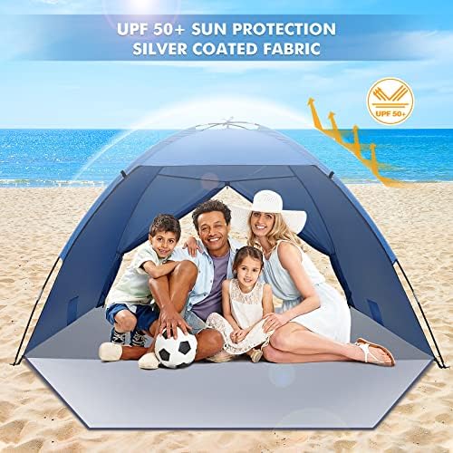 Beach Tent for 2-4 Person, UV 50+ Protection Sun Tent Windproof Beach Shade Tent Sun Shelter with Front Extended Floor SBS Zipper Rear Door for Family Camping, Fishing, Picnic, Beach