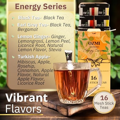 Image of OZMI Premium Turkish Tea Sampler Gift Set, 16 Mesh Stick Teas, 4 Flavors, Black Tea, Earl Grey, Lemon Ginger and Turkish Apple, Clean Infusion Design, No Teapot Required