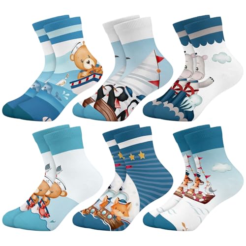 Queenshin 6 Pares Calcetines Niños Infantiles con Elegante Diseño de Animales Náuticos Calcetín Tobillero Duradero Regalos 9-14 años Tamaño 32-38