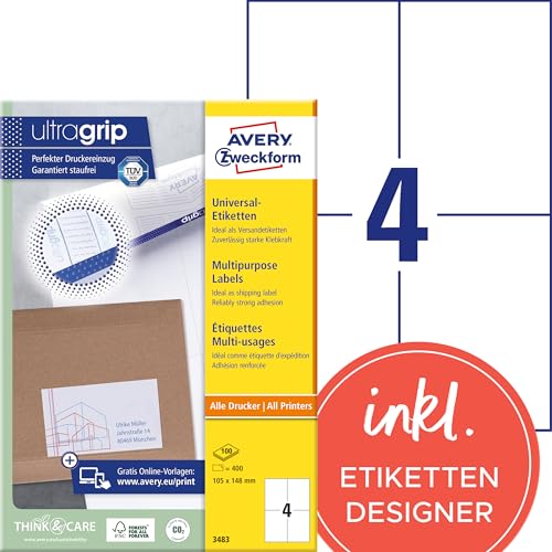 Étiquettes A6 Avery Zweckform 105x148 à impression nette sans bourrage papier