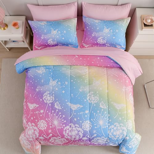 Image of Dinjoy Girls Comforter Set 5 Pieces, Twin Size Colorful Ombre Rainbow Bedding Set, Bed in A Bag for Kid Teen Girls (1 Comforter, 1 Flat Sheet, 1 Fitted Sheet, 1 Pillow Shams, 1 Pillowcases)