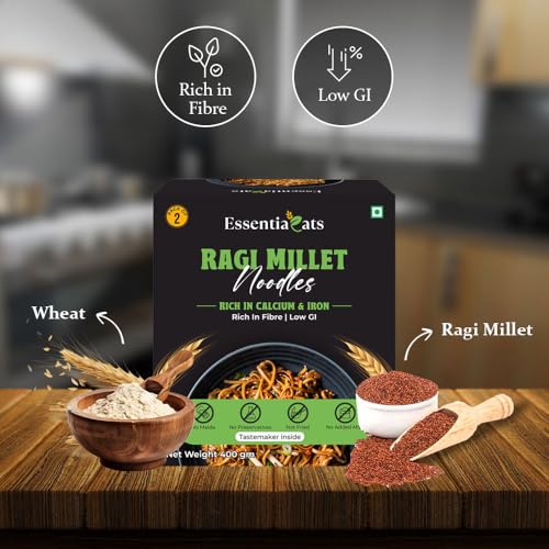 Image of Essentiaeats Ragi Millet Noodles Includes Tastemaker 400g Pack of 2, No Maida Not Fried No Preservatives No MSG Healthy Hakka Noodles Ready to Cook