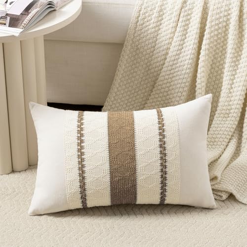 Fancy Homi Set of 1 Boho Light Brown Lumbar Decorative Throw Pillow Cover 12x20 Inch for Couch Bed Sofa Chair, Modern Organic Farmhouse Home Decor, Soft Cotton Cute Accent Rectangle Cushion Case
