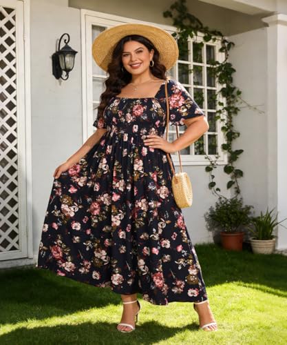 Image of RITERA Plus Size Dresses for Curvy Women Square Neck Short Sleeve Summer Floral Smocked Maxi Dress with Pocket XL-5XL