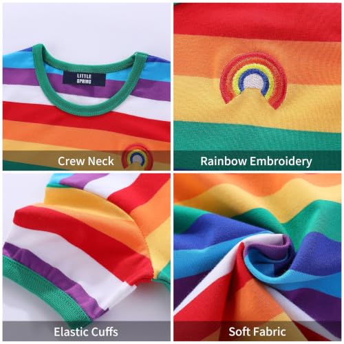 Image of LittleSpring Boys Girls T Shirt Rainbow Striped Cotton Crewneck Tees for Kids Fashion