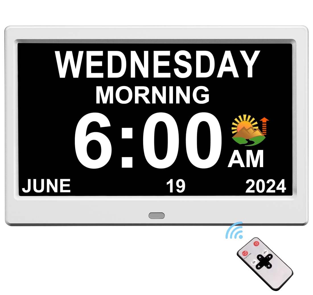CAZOKASI Reloj digital con fecha y día de la semana para ancianos, 15 alarmas, recordatorio de medicamentos, demencia, Alzheimer, calendario con pantalla extragrande (blanco, 10.1 pulgadas)