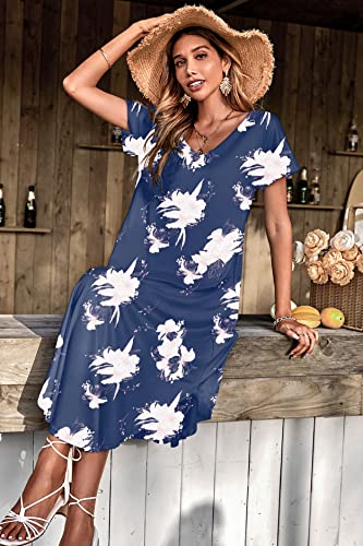 Image of Ekouaer Long Nightgowns for Women Short Sleeve House Dress with Pockets V Neck Sleepshirts Side Split Sleepwear S-4XL