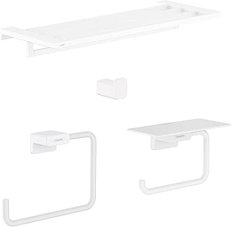 AddStoris Accessory Kit with Towel Rack, Towel Ring, Toilet Paper Holder w/Shelf, and Single Hook in Matte White