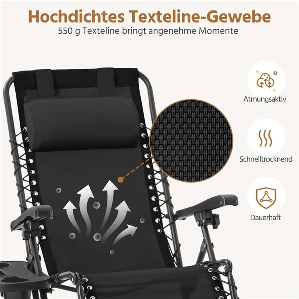 Yaheetech Set mit 3 verstellbaren Klappstühlen, Sonnenliege Set mit klappbarem Liegestuhl, Kopfstütze, Verstellbarer Rückenlehne & Fußteil, Beistelltisch mit Getränkehalter, Schwarz (Schwarz)