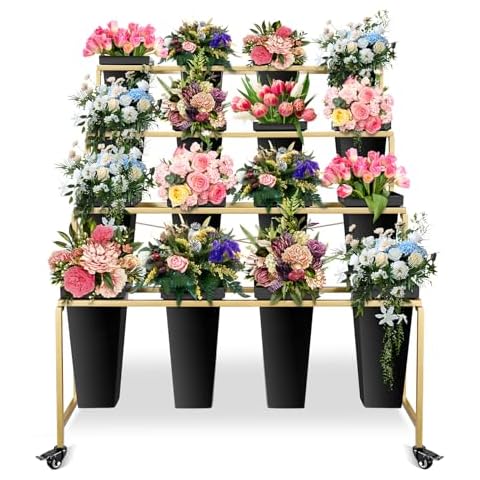 esafio Flower Stand, 16 black Buckets, Black Flower Barrels, gold Flower rack, Plant cart indoor and outdoor, 4-Tier Metal Flower Stand with Wheels, Flower bar, for Garden , Shop, Yard Cover
