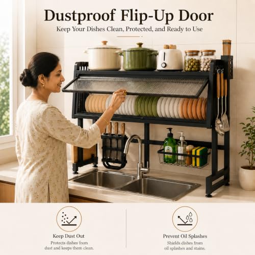 Image of COMFYHOME Over the Sink Dish Drying Rack for Kitchen More Sturdy Stable with Lid 85cm, Rust-Proof Durable, Features Knife Rack, Cutting Board Holder, Storage Basket Ideal for Dish Drainer Large Size