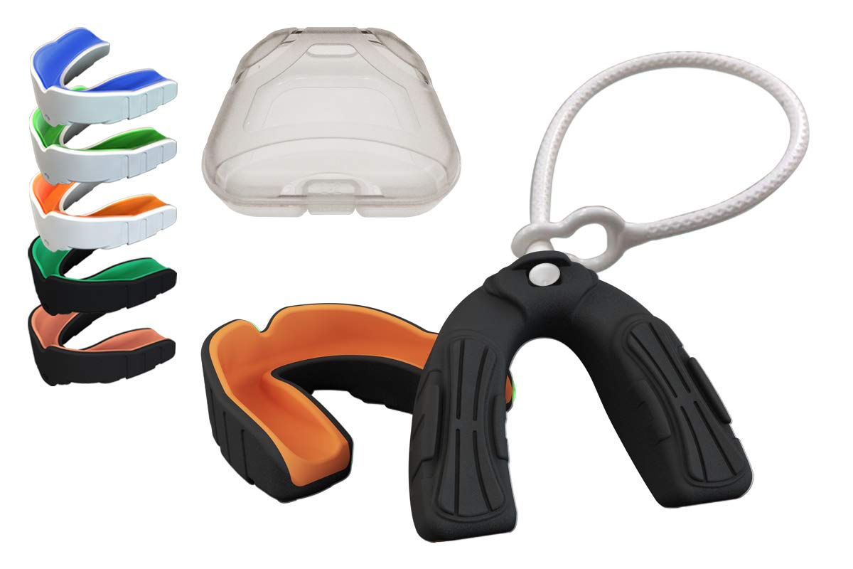 COOLLO SPORTSBoil and Bite Cool Mouth Guard DBT Custom Fit Sport Mouthpiece for Football, Hockey, Rugby, Lacrosse and More (Free Case) -Adult Size (Adult -Ages 11 & Above, Pumpkin Orang & Black)