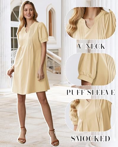 Image of Summer Dresses for Women 2025 Shift Dress V Neck Puff Short Sleeve T Shirt Dress Women's Casual Dresses Sundress
