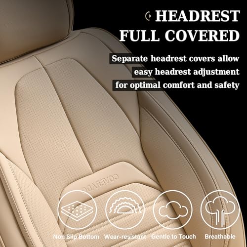 Image of Car Seat Covers Full Set, Beige Seat Covers for Cars, Automotive Seat Covers, Waterproof Nappa Leather Front Seats and Back Car Seat Protector, Universal Fit for Most Cars SUV Trucks