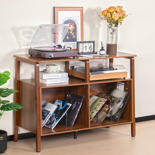 Mxtxmy Large Record Player Stand,Mid Century Turntable Stand Table with Open Storage Holds up to...