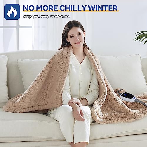 Sealy Electric Blanket Heated Throw 50"x60" Soft Double Sherpa Super Cozy with 6 Fast Heating Levels & 2-10 Hours Auto-Off, Over-Heat Protection, Machine Washable, Camel