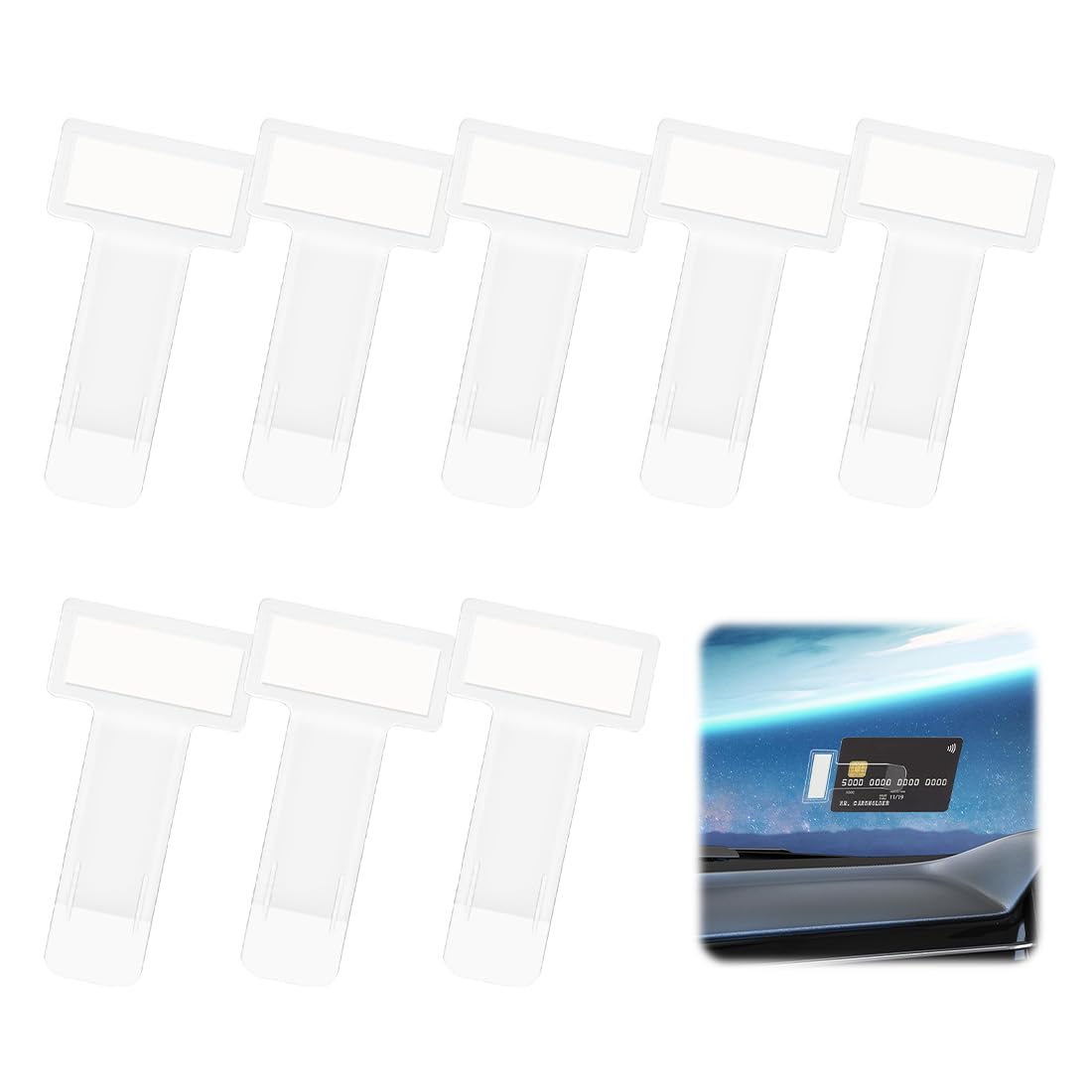 Soporte Tarjeta de Estacionamiento, Juego de 8, Transparente, Autoadhesivo, 74x40mm, Clip de Plástico para Tarjetas de Estacionamiento & Documentos en Auto, Sin Residuos