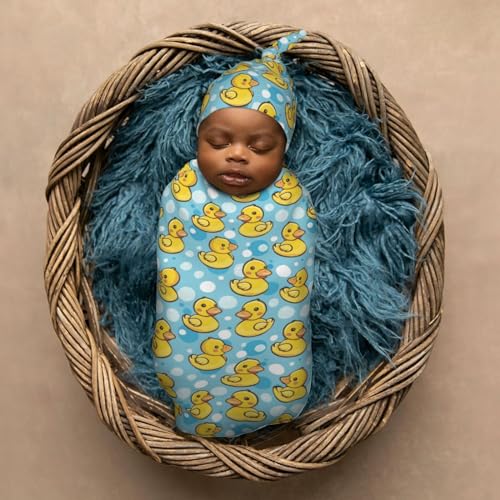 Image of Kawaii Happy Duck Newborn Swaddle Blankets Hat Sets Soft Baby Receiving Blanket Swaddle Sack for Baby Shower Infant Boy Girl Gift