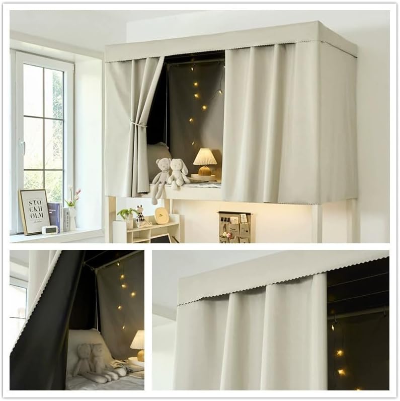 厚手遮光二段ベッドカーテン 寮の部屋 プライバシー キャノピー ボトムロフト、ベージュ、2枚