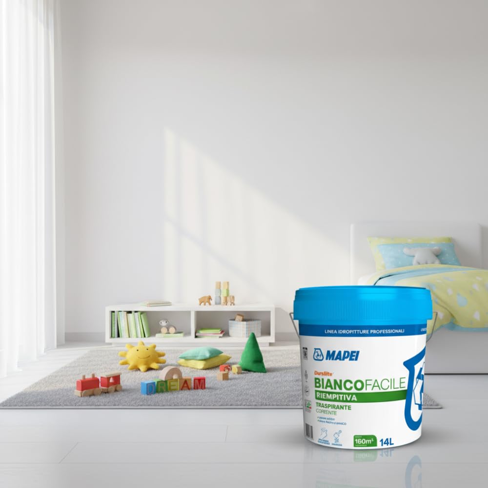 MAPEI Dursilite Bianco Facile Idropittura Traspirante per Interni, 14 Litri, Bianco, Finitura Opaca, Classe A+