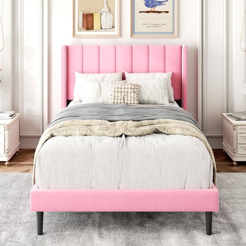 Gruwans Twin Size Bed Frames with Wingback Headboard Easy Assemnly Platform Bedframe, Sturdy Wooden Slat Support No Box Spring Needed, Pink Velvet