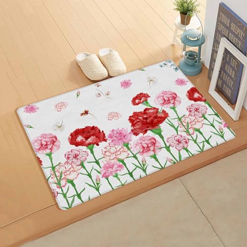 Red Pink Flower Antifatigue Kitchen Bath Door Mat Cushioned Runner Rug,Washable Welcome Floor Sink Mat,Waterproof & Non-Slip Kitchen Standing Doormat,Spring Summer Botanical White Watercolor 18