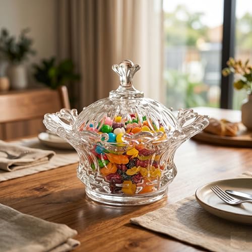 Image of Crystal Glass Candy Jar with Lid, Decorative Dry Fruit Storage Bowl for Chocolates, Mukhwas, Cookies & Snacks, Elegant Serving Container for Dining Table, Gift Item
