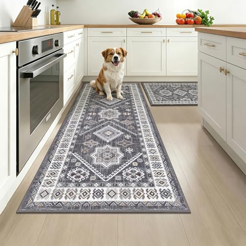 HEBE Boho Kitchen Rugs Sets of 2, Non Slip Washable Kitchen Mats for Floor, Farmhouse Kitchen Carpet Runner Rug Set for Sink, Stove, Laundry Room & Hallway 24"x36"+24"x60" Natural/Grey