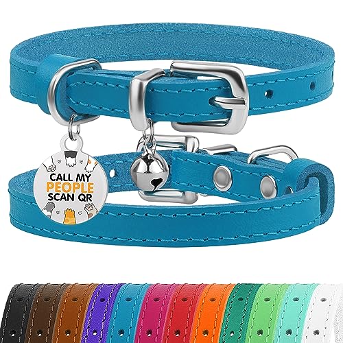 BRONZEDOG Leather Cat Collar with Removable Bells Non Breakaway Kitten QR Tag for Girl Boy (9" - 12" Cats/Mini Dogs, Blue & Silver)