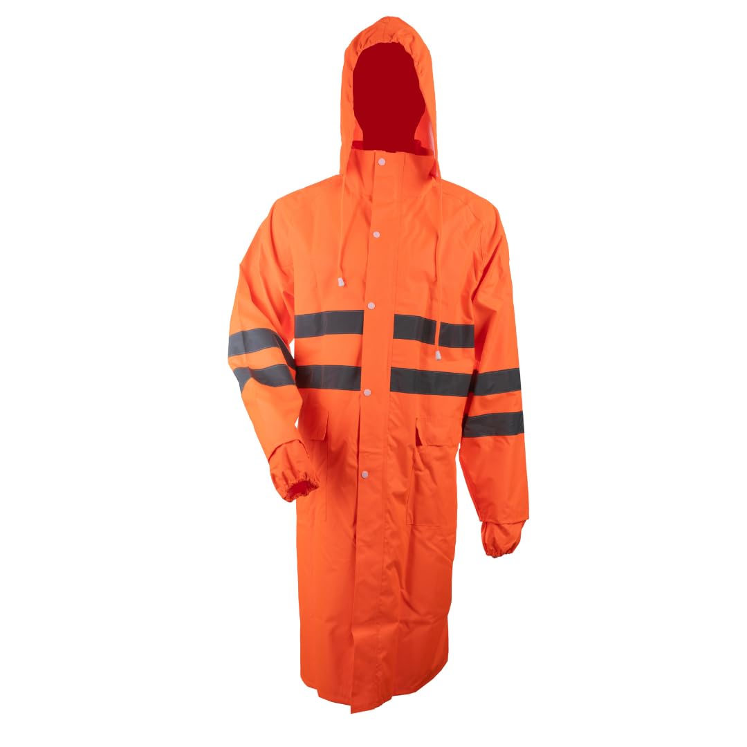 Homiegear High Visibility Rain Jacket | High Vis Rain Suit for Men | Men's Classic Hi Vis Reflective Long Rain Jacket (US, Alpha, Medium, Regular, Long, Orange)