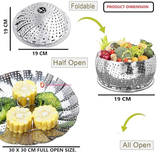 Image of DARSHANAM WORLD Vegetable Steamer Basket, Premium Stainless Steel Veggie Steamer Basket, Food Drain Bowl Baskets - Folding Expandable Steamers to Fits Various Size Pot