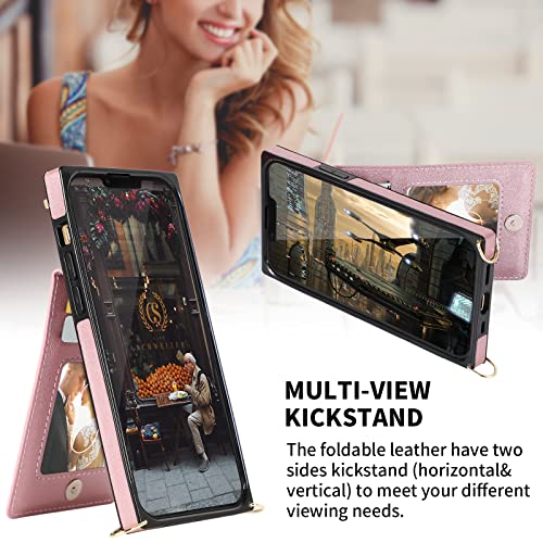 Hoggu Crossbody Iphone 14 Plus Case Wallet With Card Holder, Flip Leather Iphone 14 Plus Crossbody Case With Strap, Kickstand, Zipper Purse, Protective Square Phone Case For Women Girls-Rose Gold #TOP4