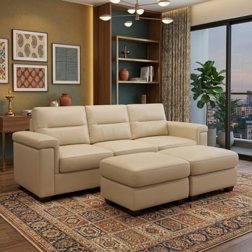 Image of FURNY Parker 3 Seater Sofa Set with 2 Ottoman | Premium Leatherette Finish | Durable Comfort Sofa for Modern Living Room & Office Spaces