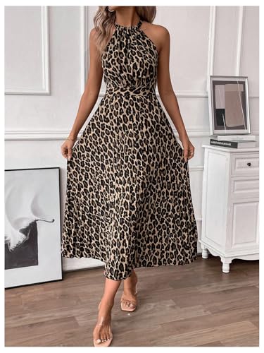 Floerns Women's Cheetah Print Halter Dress Sleeveless Leopard Pleated A Line Maxi Dresses4
