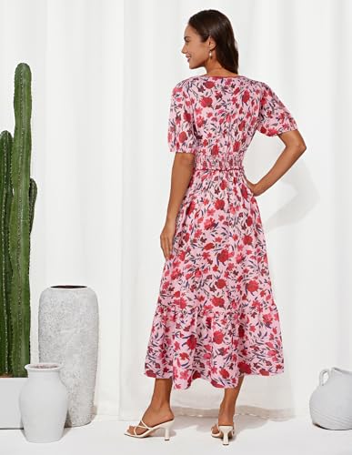 Image of GRACE KARIN 2025 Women's Summer Floral Flowy A Line Midi Dresses Elegant Short Sleeve Smocked V-Neck Tiered Dresses