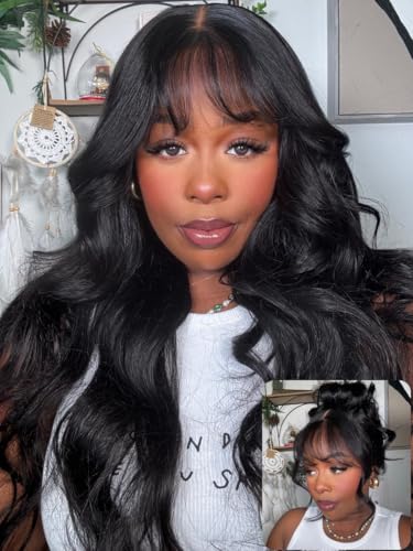 Image of UNICE 26 inch Fluffy Natural Loose Wave Curtain Bangs Wig Human Hair Pre Everything 13x4 Lace Front Glueless Wigs Human Hair Pre Plucked Pre Cut Bleached Knots Black Color