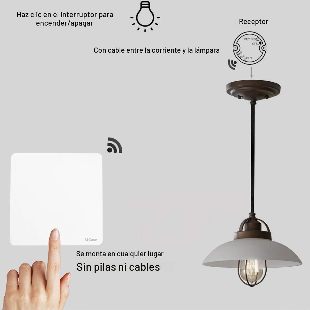 AICase Interruptor Inalámbrico, Interruptor y Mando inalámbrico, Puede colocarse en la Pared o como Control Remoto portátil,Sin batería Sin Cables No se Requiere Wi-Fi (2 Grandes)