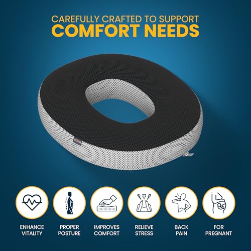 Image of Orista Memory Foam Donut Cushion for Sitting | Orthopedic Seat Cushion with Breathable Black & Grey Mesh Cover | Coccyx Tailbone Pressure Relief Cushion for Office Chair Car & Home