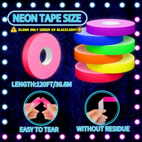 Image of SWRT Neon Gaffer Cloth UV Blacklight Tape for Halloween Decorations, 6 Rolls Multi-Color UV Fluorescent Glow in The Dark Tape for Party Decoration, Dance Floors, UV Party (0.6 inch x 120 feet)