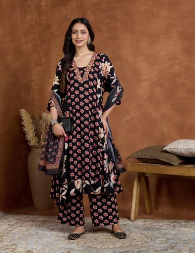 Image of Amazon Brand - Myx Women's Rayon Printed Kurta Set | Regular Fit | with Palazzo & Dupatta (Available in Plus Sizes)